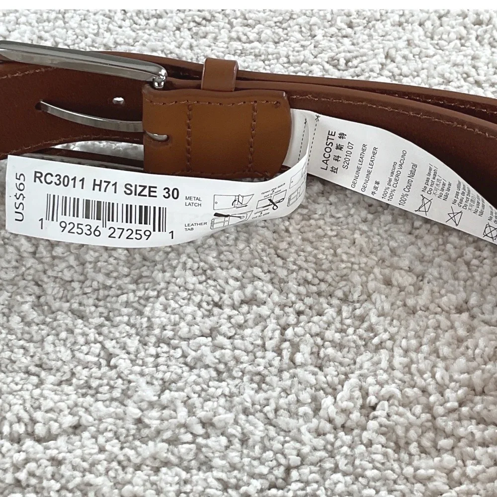 Lacoste Mens RC3011 Tan Brown Genuine Leather Belt Size 30 Crocodile Logo NEW‎